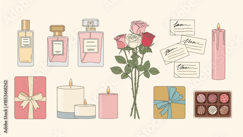 Luxury Perfumes and Gifts Illustration Featuring Roses and Candles