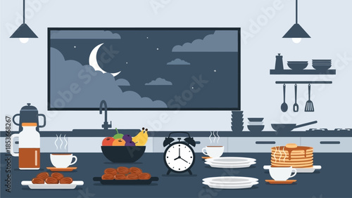 A serene breakfast scene at dawn with morning light illuminating the table setting