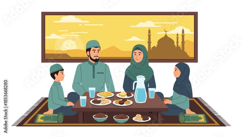 Family Gathering for Meal in Traditional Setting with Mosque View