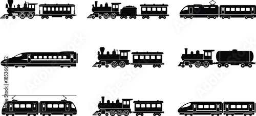 Black train silhouette icon set showing steam locomotives and modern high speed passenger trains representing railway transport evolutionBlack train silhouette icon set showing steam locomotives 