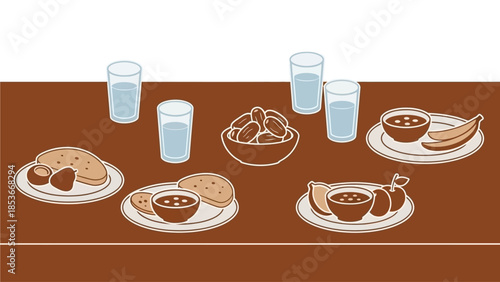 A table set with various dishes and glasses in a warm and inviting dining setting