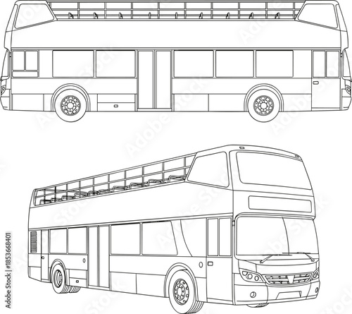 Double decker bus outline illustration showing side and perspective views, modern public transport vehicle line art vector templateDouble decker bus outline illustration showing 