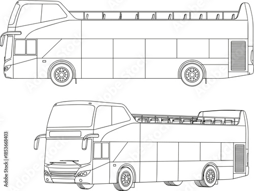 Double decker bus outline illustration with side and perspective views, public transport vehicle line art vector design template