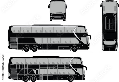 Double decker coach bus vector illustration with side front and top views, modern passenger transport design for travel and tourismDouble decker coach bus vector illustration with 