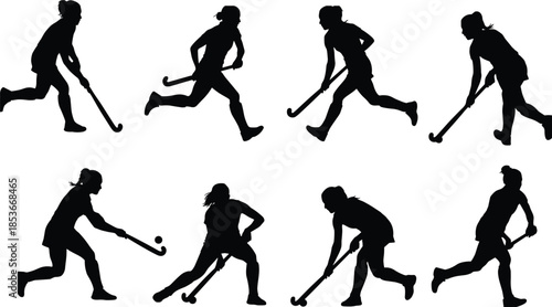 Female field hockey player silhouette poses showing dribbling passing shooting and defensive movements, professional women sports vector illustration set