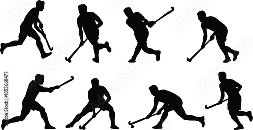 Field hockey player silhouette poses set showing dribbling passing shooting and defensive actions, professional sports athlete vector illustration collection