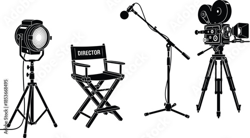 Film production equipment silhouettes with camera tripod director chair studio light and microphone, cinematic filmmaking vector icon set