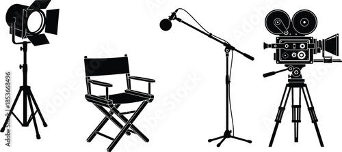 Filmmaking production equipment silhouette set with studio light director chair microphone and vintage camera, cinematic movie industry vector icons