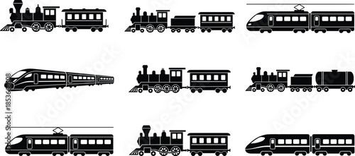 Train silhouette icon set featuring steam locomotives and modern high speed trains illustrating railway transport evolution isolated on white background