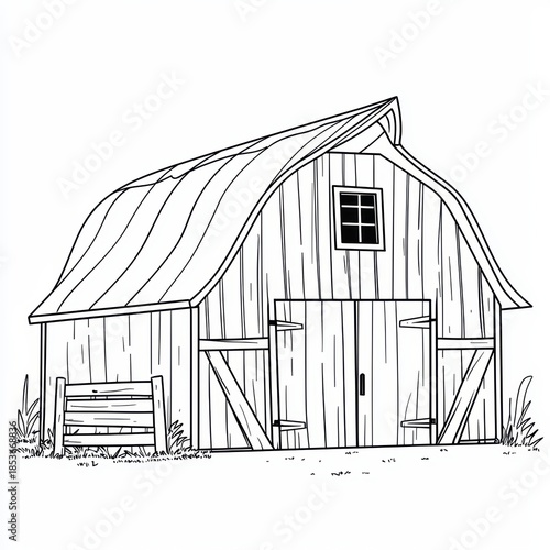 Rustic barn illustration featuring a metal roof, window and fence detail.