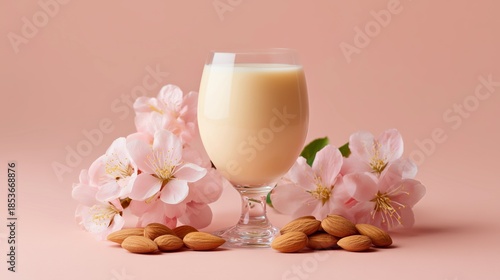 Almond milk in a clear glass surrounded by pink cherry blossoms and almonds on a soft pastel background, showcasing a fresh and healthy beverage concept