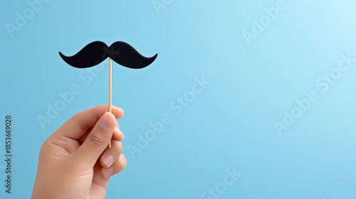 Hand holding a black paper mustache on a stick against a light blue background, creating a playful and whimsical atmosphere for celebrations or events with copy space