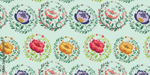 Floral Harmony: A vibrant arrangement of intricately designed floral patterns unfolds, offering a visual symphony of color and form, exuding a sense of freshness and natural beauty.