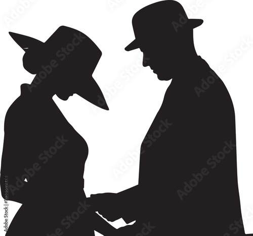 Silhouette of elegant couple wearing hats standing together