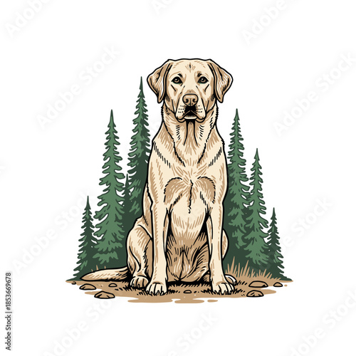 golden retriever dog sitting in front of pine trees in the forest.