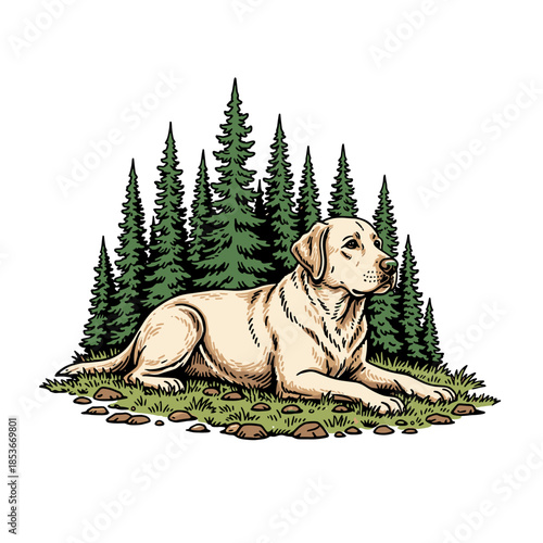 golden retriever dog lying on the grass in front of pine trees in the forest.