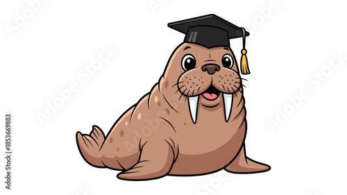 Cartoon Walrus Wearing Graduation Cap.