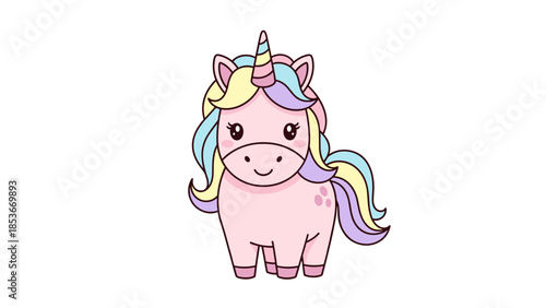Cartoon Unicorn with Rainbow Mane and Tail.