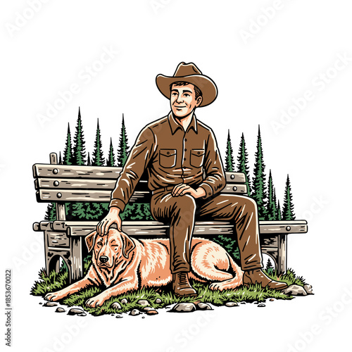 man in a cowboy hat and his golden retriever sitting on a wooden bench in the pine forest.