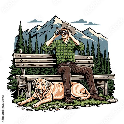 man in a cowboy hat looking through binoculars while sitting on a bench with his dog.
