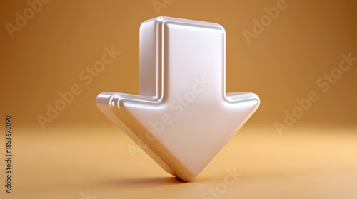 3D illustration of a glossy white downward arrow on a warm orange background, symbolizing direction, movement, and navigation in digital design and user interfaces