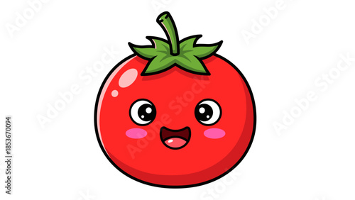 Happy Cartoon Tomato Character with Green Leaves.