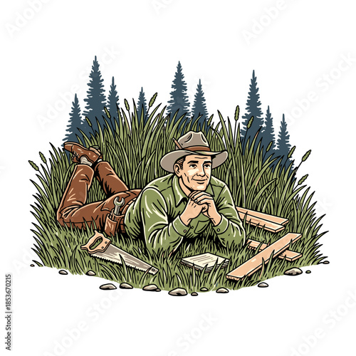 man in a cowboy hat and work apron lying in the grass with woodworking tools.