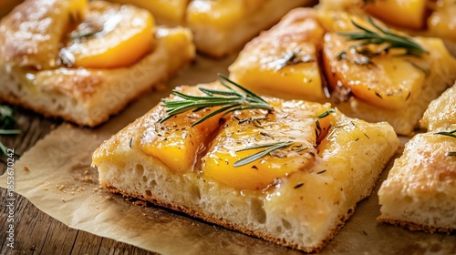 Freshly baked flatbread topped with juicy peaches, drizzled with honey, and garnished with rosemary, showcasing a delicious culinary creation with vibrant colors and textures