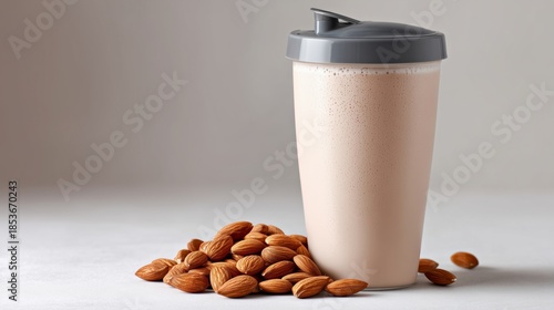 Almond milkshake in a gray shaker cup sits beside a pile of raw almonds on a light surface, showcasing a healthy beverage option with natural ingredients