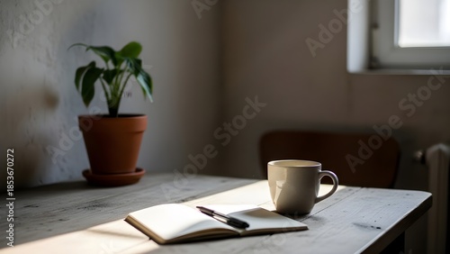 Calm morning routine on wooden table by window