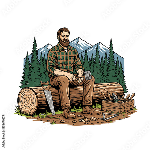 vintage vector illustration of a craftsman resting on a timber log in the pine forest.