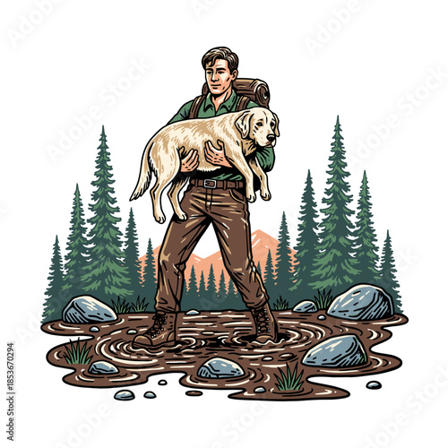 man in hiking gear carrying his golden retriever across a muddy swamp in the forest.