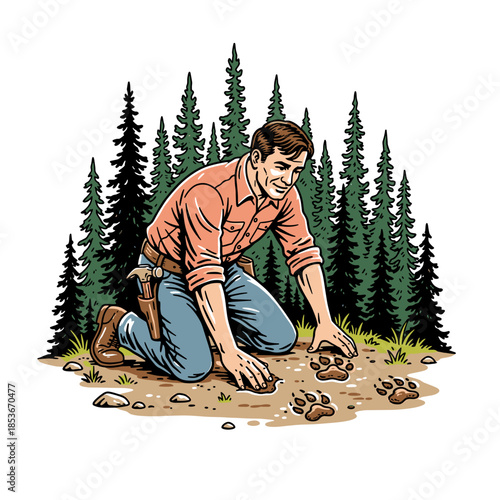 carpenter kneeling down to inspect animal paw prints in the mud in the forest.