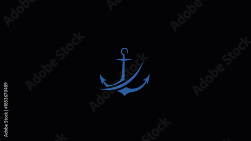 Blue Anchor Symbol on Black Background.