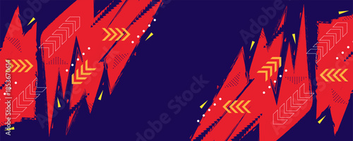 Dynamic Abstract Banner with Red Energy Zig Zag Shapes in Brush Style with Yellow Arrow Shapes on Blue Background. For Sport, Race, Music, or Fight Match and Event Banner or Poster Design