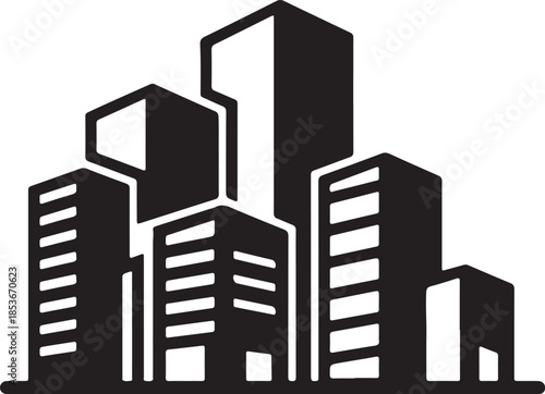 A black and white illustration of a city skyline with modern buildings