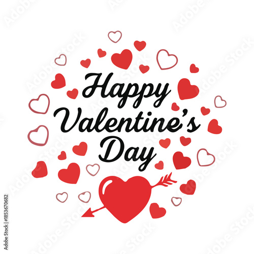 Happy Valentine's Day calligraphy script surrounded by red hearts and arrow on a white background