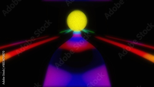 Glowing yellow sphere with neon light trails on dark background