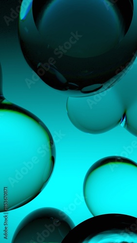 Glossy translucent skincare ingredient spheres on teal background