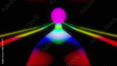 Glowing magenta sphere with rainbow neon light trails on dark background