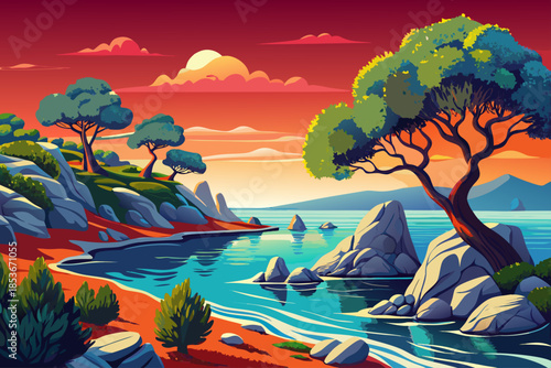 Mediterranean coastal landscape featuring olive trees above a calm blue sea, combining rocky shorelines with drought-resistant plants and warm coastal climate