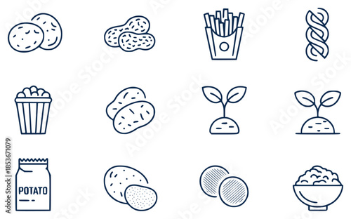 Collection of simple depicting potato growth and products seedling sprout