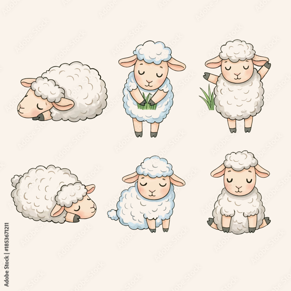 Naklejka premium Cartoon sheep illustration set with cute funny farm lamb characters