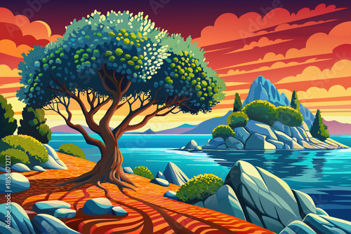 Mediterranean coastal landscape featuring olive trees above a calm blue sea, combining rocky shorelines with drought-resistant plants and warm coastal climate