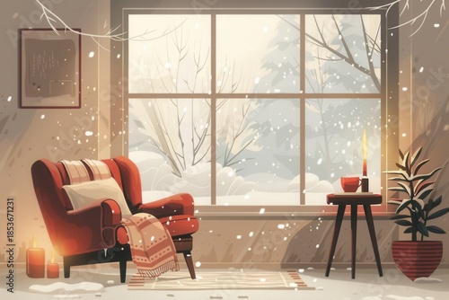 cozy winter home interior with tea and candle