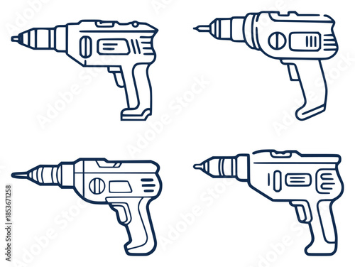 Hand drawn style electric drill in navy blue outline white background tool