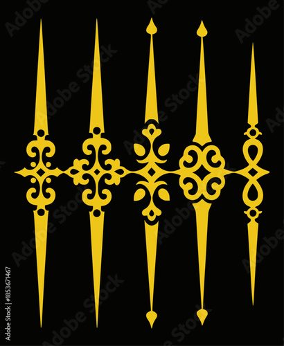 Ornate yellow decorative border with pointed finials and swirling scrollwork black background pattern