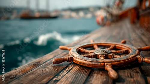 A Vintage Wooden Ship Wheel on Boat. Sailing Journey, Ocean Navigation.