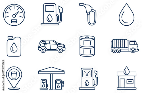Set of fuel and gas station including gas pump car fuel drop and truck