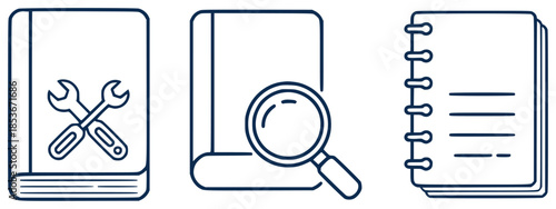 Set of simple representing a manual with wrenches a book with a magnifying glass and a notebook with lines
